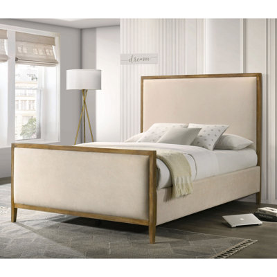 Natural Oak Queen Size Upholstered Panel Design Bed Wooden Trim Fabric Bedroom Furniture