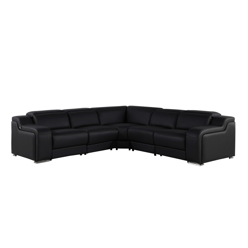 Canapé modulaire inclinable électrique en cuir italien 5 pièces Stanyo, Cuir véritable noir