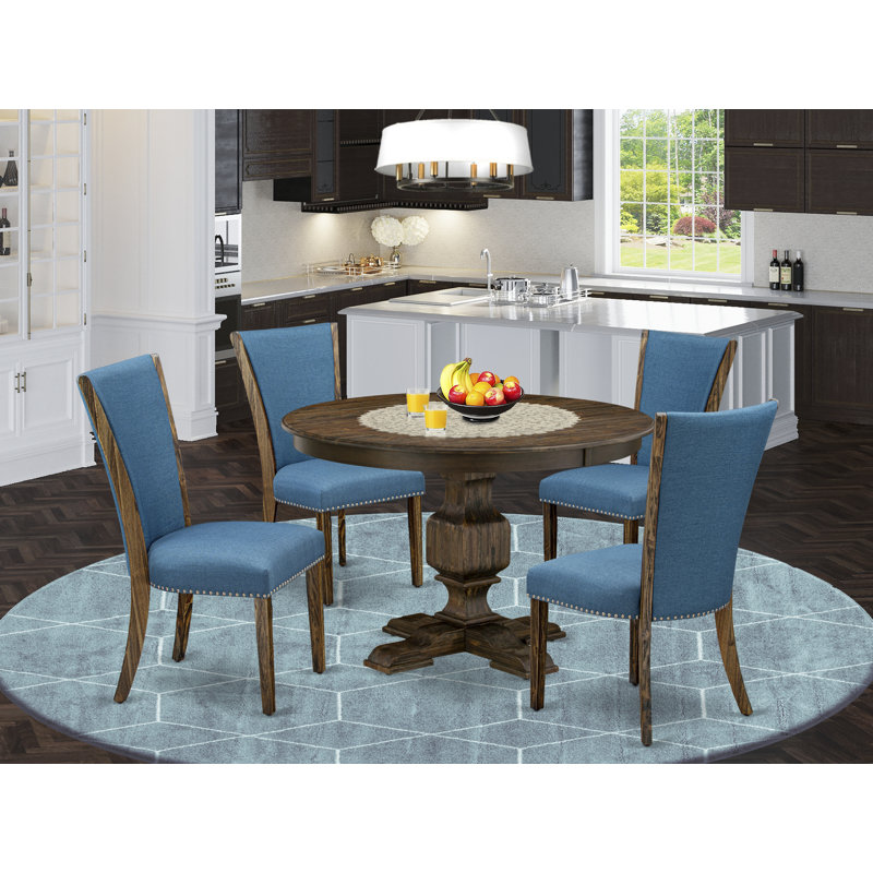 L'ensemble de 5 tables de cuisine pour 4 personnes comprend une table de salle à manger ronde avec piédestal et 4 chaises rembourrées en tissu de couleur bleue, jacobine vieilli