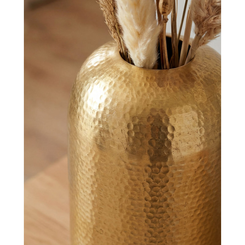 Gold Hammered Aluminium Floor Vase, Round Tall Modern Decorative Vase, 45cm H x 20cm W x 20cm D