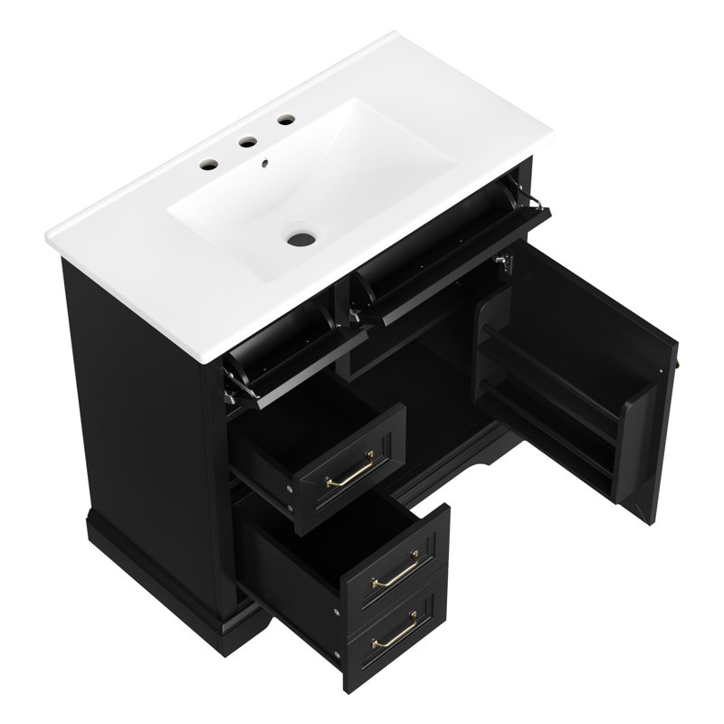 Meuble-lavabo autoportant de 36 po, 4 tiroirs, porte à fermeture en douceur, lavabo en céramique, robinet pré-percé, meuble-lavabo peint noir pour salle de bain, 1 salle de bain intégrée