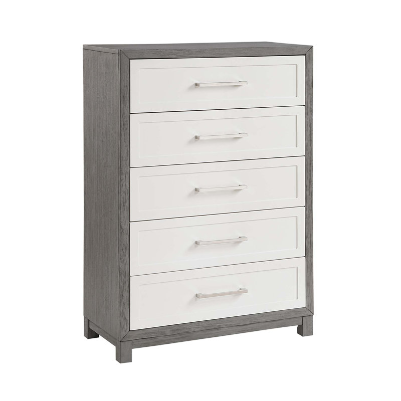Commode à cinq tiroirs avec finition ivoire et grise, parfaite pour le rangement et l'organisation de la chambre à coucher moderne.