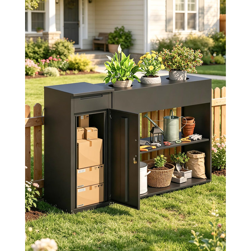 Boîte de livraison extérieure 3 en 1 noire avec bac de jardin surélevé, antivol, résistant aux intempéries et rangement pour outils de jardin.