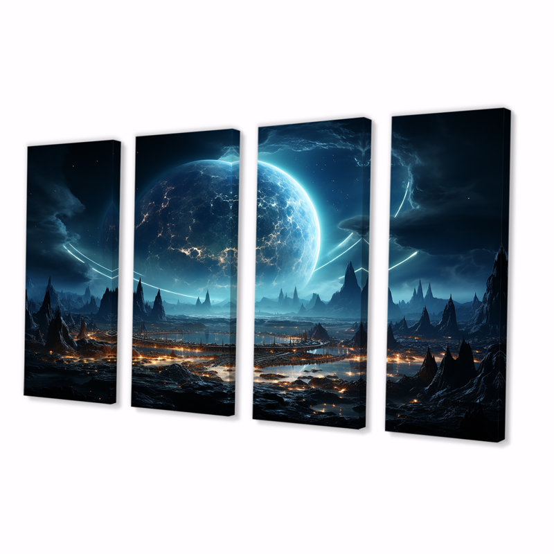 «White and Blue Cosmic Space Landscape I - Planets», ensemble de 4 pièces d'art mural, H 32 po x l 64 po
