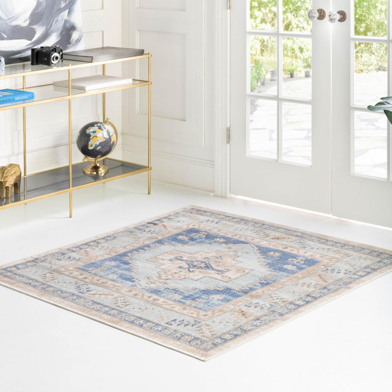 Tapis traditionnel Matthei de couleur bleu marine, Carré 5 pi 3 po