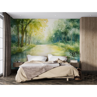 Sunlit Watercolor Forest River Scene Wallpaper – Tranquil Nature Mural With Reflections For Bedroom, Meditation Space, Or Scandinavian-Inspired Decor