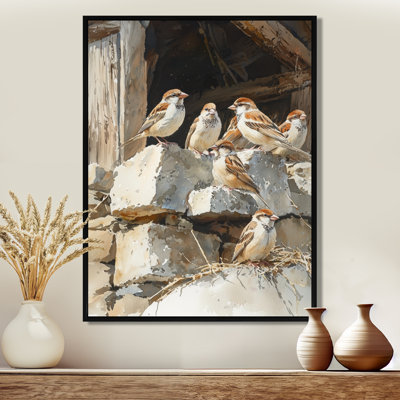 Sparrows Birds In The Farmyard II - Bird Framed Canvas Print Wall Art