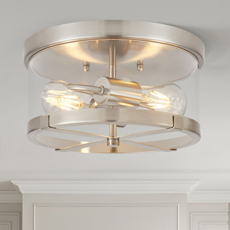 Alixandra 2-Light Flush Mount Clear Glass Ceiling Light with Metal Frame, Brushed Nickel