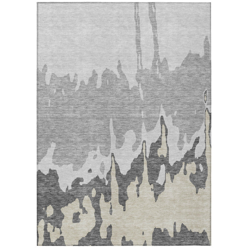 3' X 5' Gray And Silver Abstract Washable Indoor Outdoor Area Rug