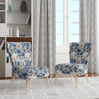 Chaise d'appoint rembourrée en velours bleu et blanc à motif floral Dream III