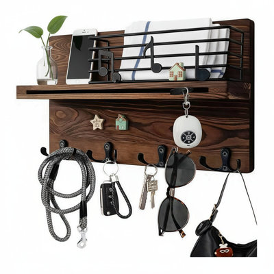 Musical Note Key Holder Wall Mount with Shelf & 4 Hooks