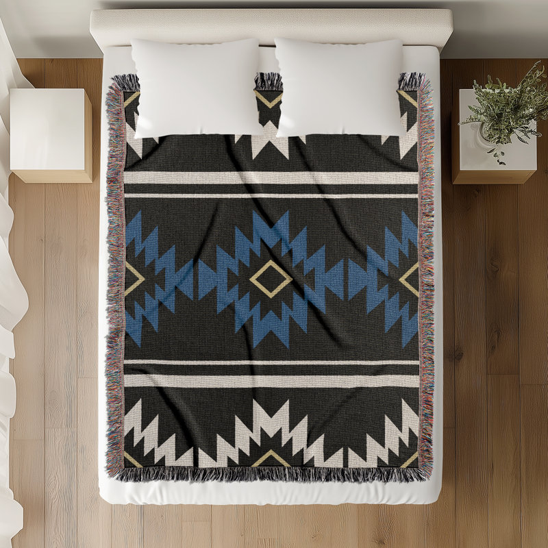 Couverture en mélange de coton Wapi South Western, L 80 po x l 60 po, Bleu / noir / blanc cassé
