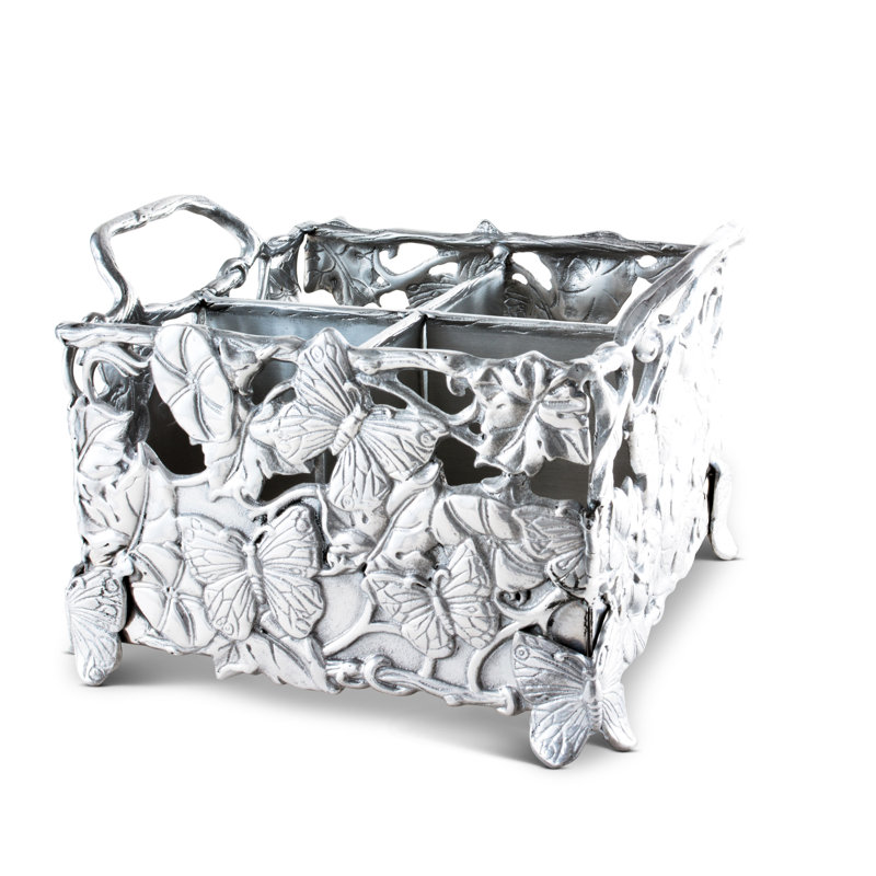 Silver Butterfly and Floral Aluminum Square Flatware Caddy