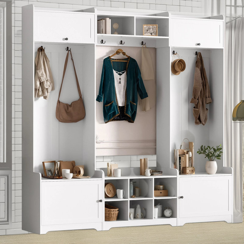 Modern White Hall Tree 4 In 1 Entrance Bench Design With Shoe Storage, 8 Compartments, 7 Coat Hooks And Adjustable Shelves, Suitable For Hallways And Living Rooms