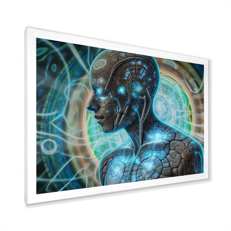" Future Telepathy Turquoise Cybog ", 12" H x 20" W x 1" D, White Single Picture Framed