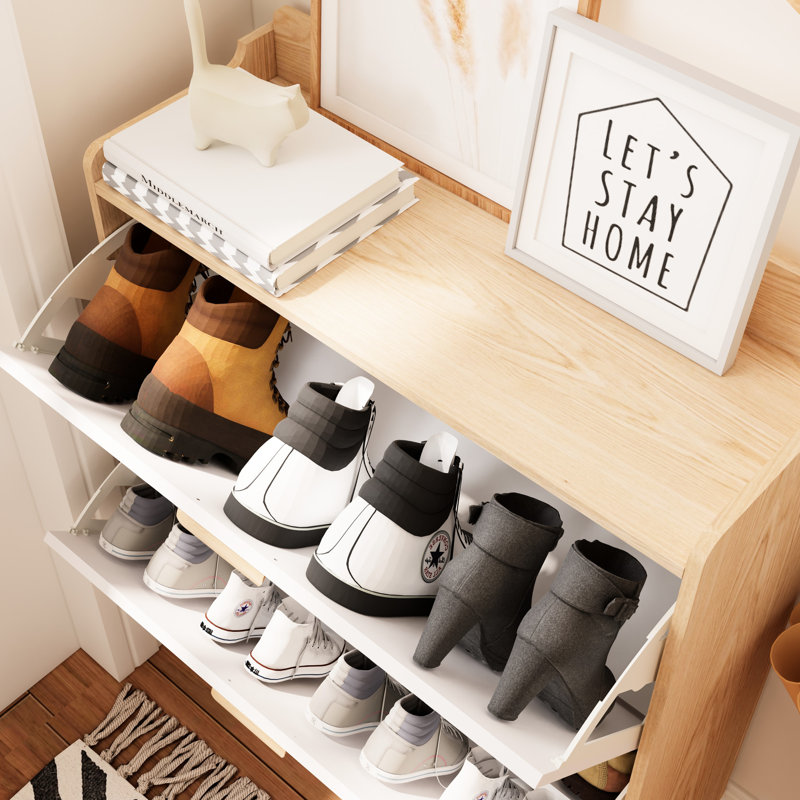 Rangement à chaussures pour hall d'entrée 31,5 pouces avec 2 tiroirs rabattables, esthétique nordique, pieds en bois massif, portes d'armoire autoportantes d'inspiration design, combinaison blanche et naturelle