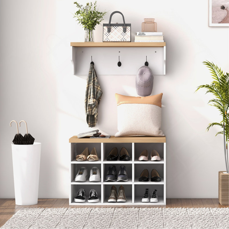 Ensemble de banc à chaussures 2 en 1, support à chaussures 9 paires avec portemanteau, entrée moderne, couloir, vestibule, rangement pour chambre à coucher, blanc
