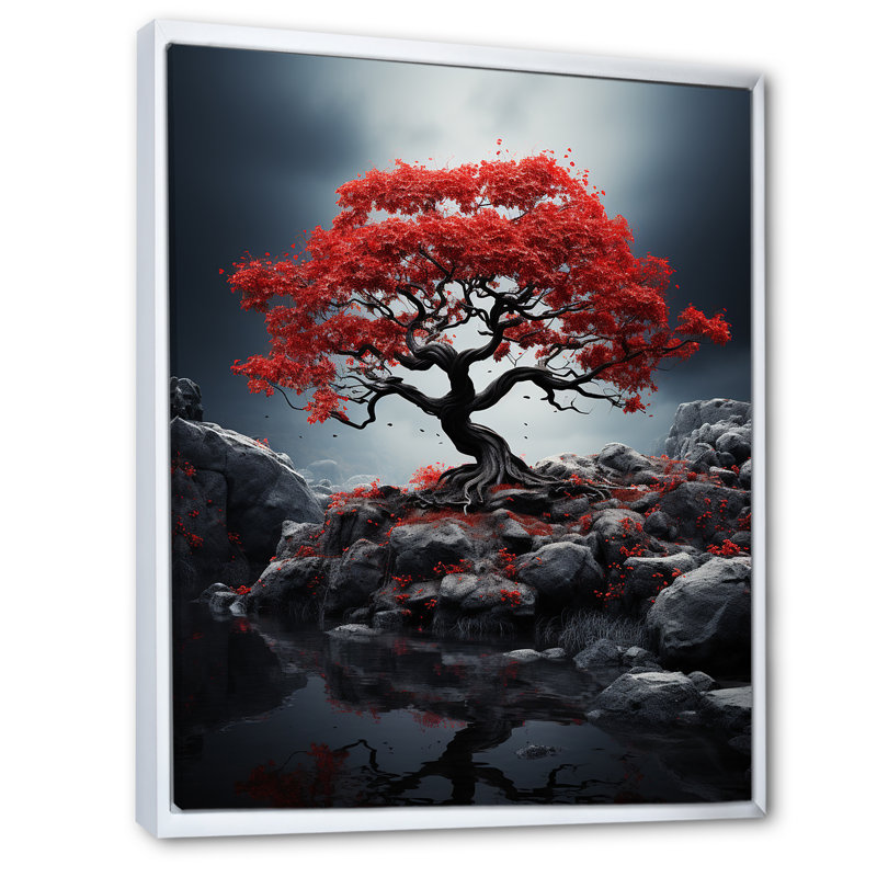 Décoration murale arbre rouge et gris monochrome Solitude III, L 16 po x H 32 po, Cadre flottant blanc