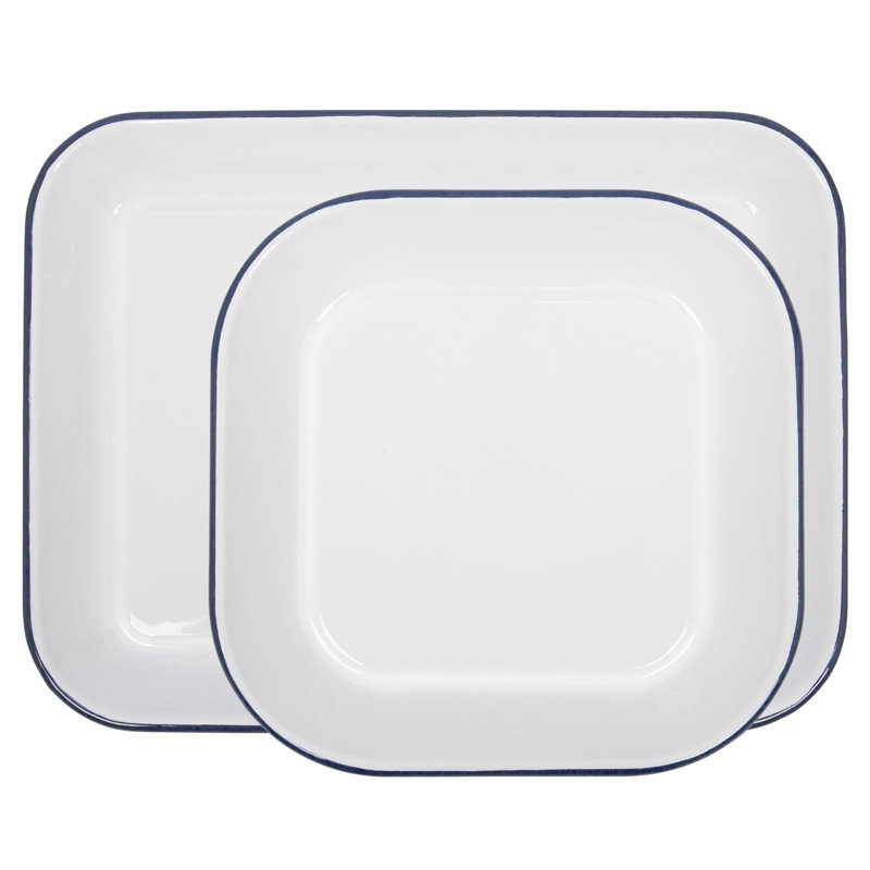 Argon Tableware - 2 Piece White Enamel Baking Tray Set, Blue