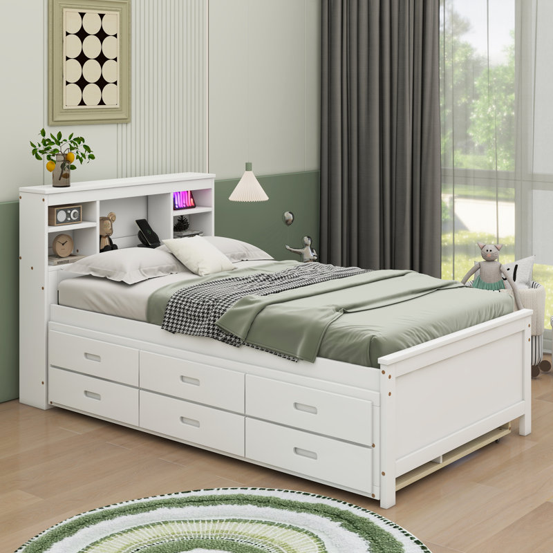 Lit plateforme simple avec tête de lit Mingus, USB, Blanc