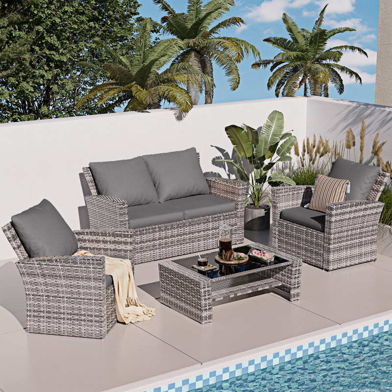 Wicker 4 - Person Patio Conversation Set with Cushions, Gray
