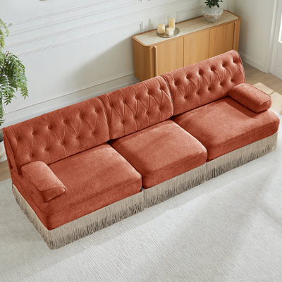 Red Brown 3 - Seater With Ergonomic Design And Combination In Style For Bedroom Velvet Modular Sectional Button Floor Tassel Fringe Living Spaces