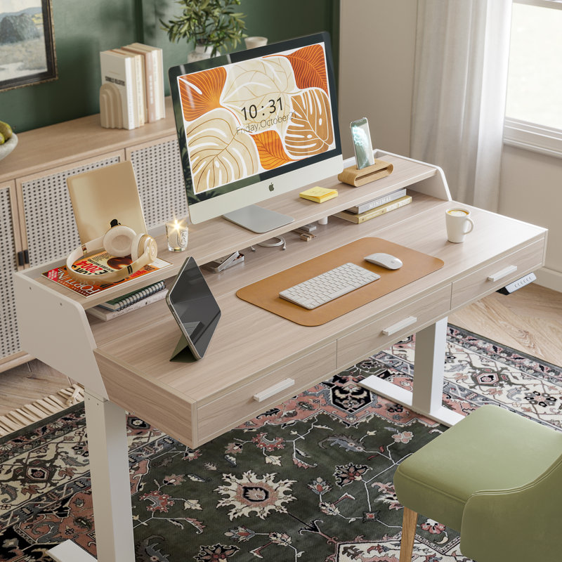 Bureau debout électrique 55 "avec tiroirs, Ivoire/blanc, L 55 po x P 26 po
