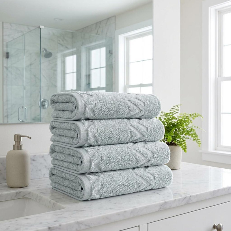 Ensemble de quatre serviettes de toilette géométriques turquoise en coton turc 27" x 54"