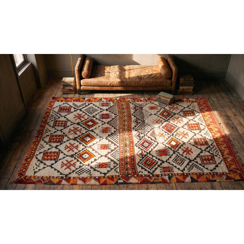 Vintage Tribal Geometric Design Moroccan Wool Pile Berber Carpet