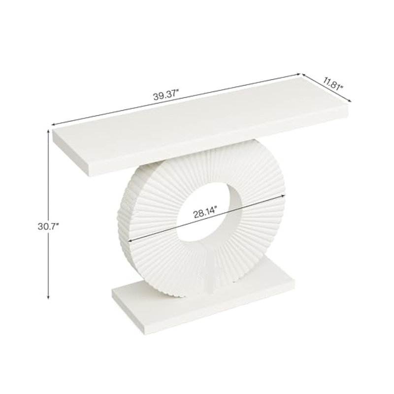 Console Table, 39 Inch White Rectangular Top, Geometric Flower Base