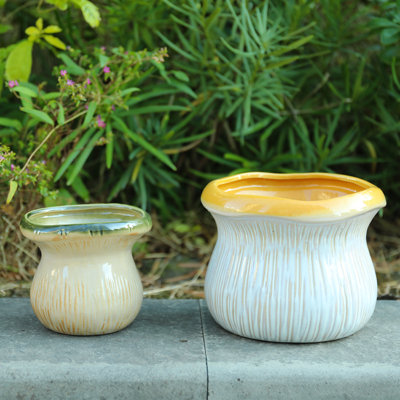 2-pack Ceramic Mushroom Planters – Textured Flower Pots With Glossy Rim, Indoor/outdoor Decorative Pots,plant Pot For Garden,yard,living Room,bedroom