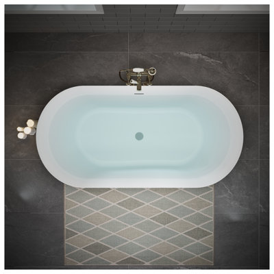 55" Acrylic Freestanding Bathtub, Oval Deep Soaking Tub with Pop-up Drain and Integrated Overflow, Glossy White