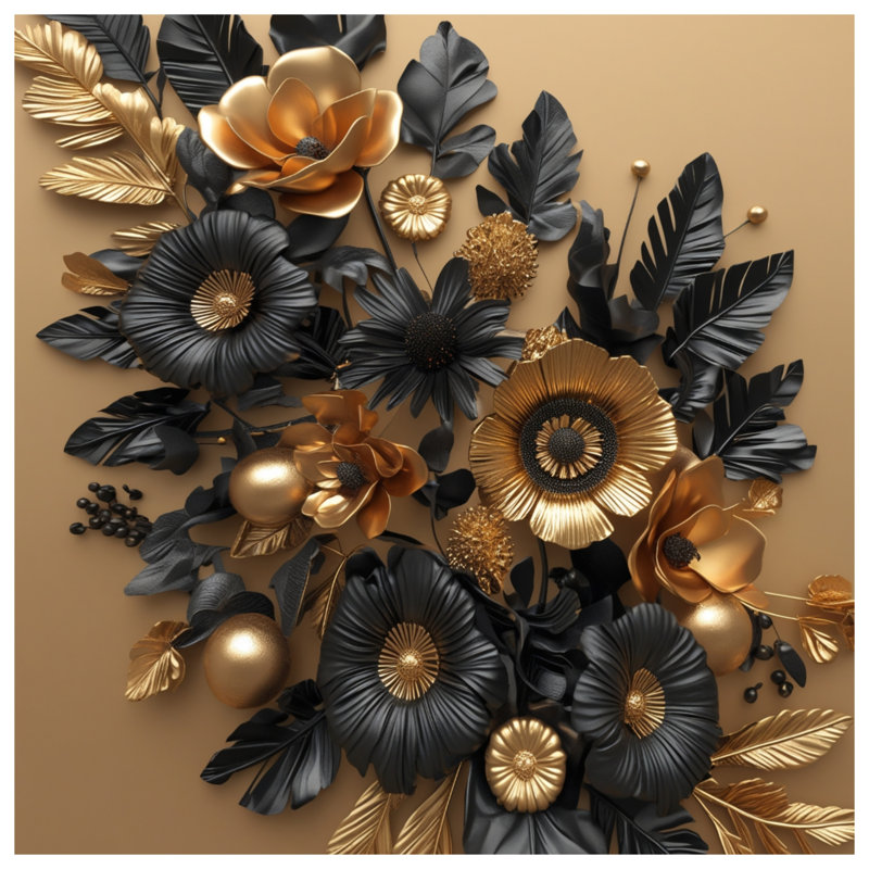 Gold Black Floral Arrangement Duvet Covers, Twin