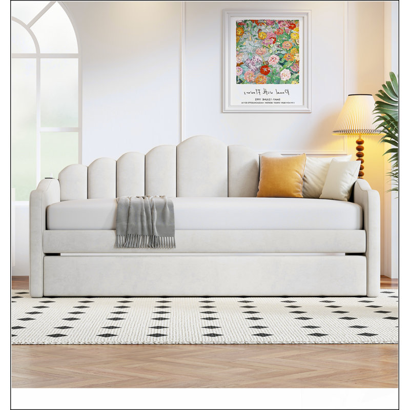Upholstered Daybed With Trundle ,Velvet Sofabed With USB Charging Ports, Beige