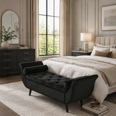 Banc long capitonné rétro de 65 pouces avec repose-pieds en velours avec design rétro et tabouret de style Mid-Century moderne pour le salon, le vestibule de la chambre à coucher