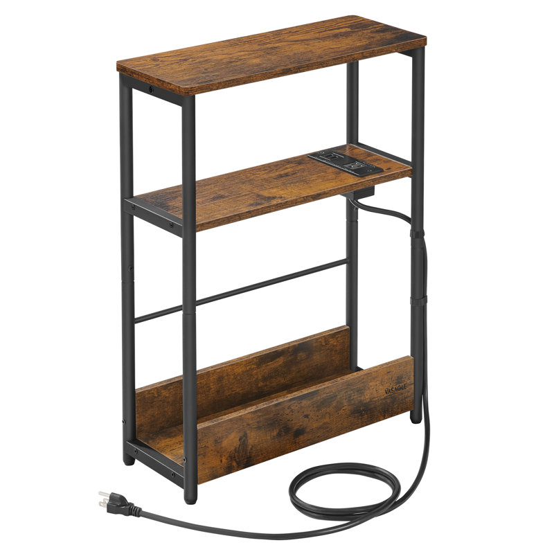 Side Table With Charging Station,magazine Rack, Rustic Brown/Ink Black
