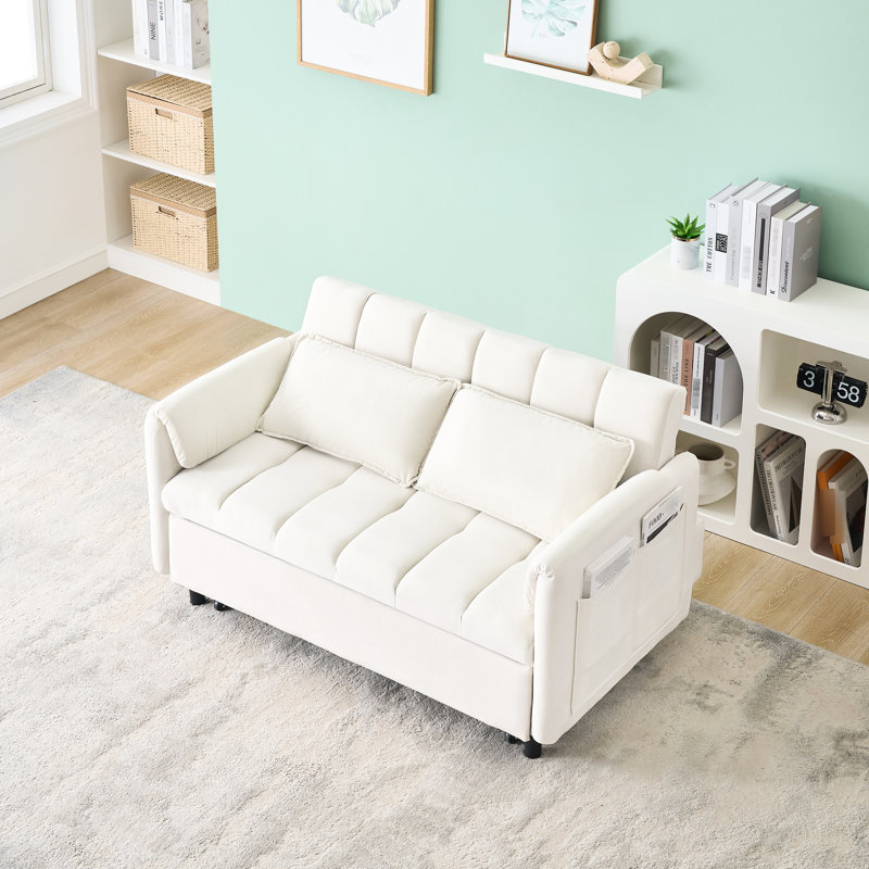 Lit convertible moderne 3 en 1 beige 52 po, pour les espaces de vie, les chambres d'amis, avec coussins, poches, dossier rembourré en éponge, velours de construction en bois massif 52 po, chambre, coussin à dossier, rembourrage et à base de bois