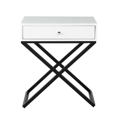White Wooden Nightstand 23" With Glass Top, Drawer, Metal Cross Base And Leg Side Table
