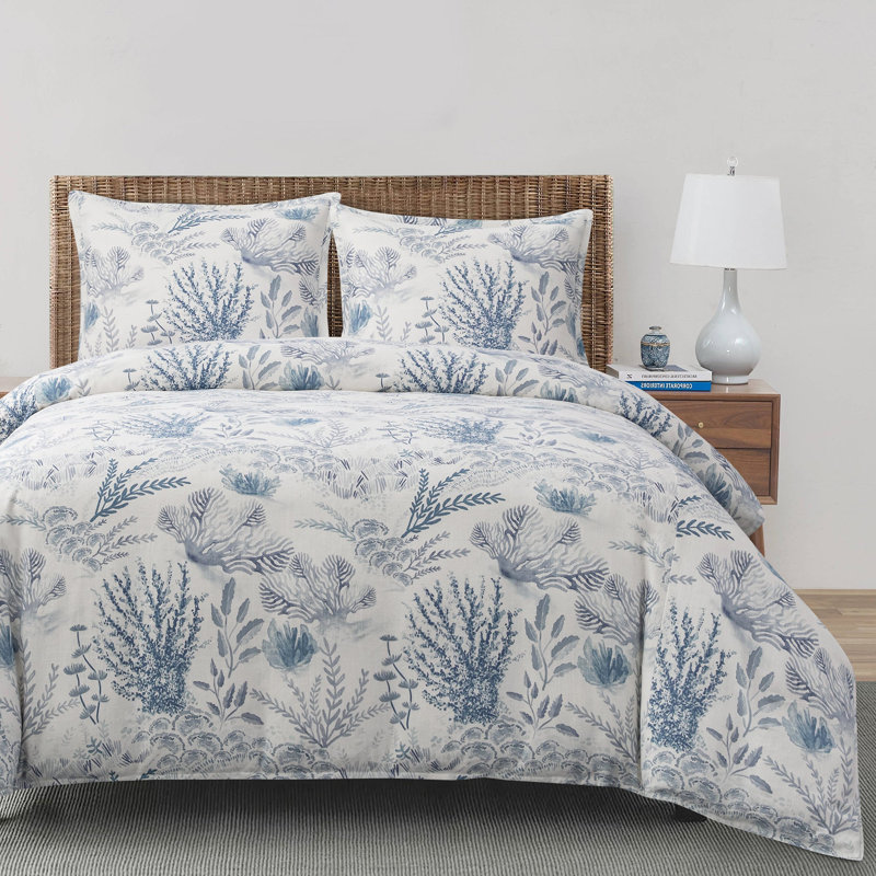 Oceania Coastal Coral Print Linen Blend Classic Chic Casual Duvet Set, King Duvet Cover + 2 King Shams, Blue/White