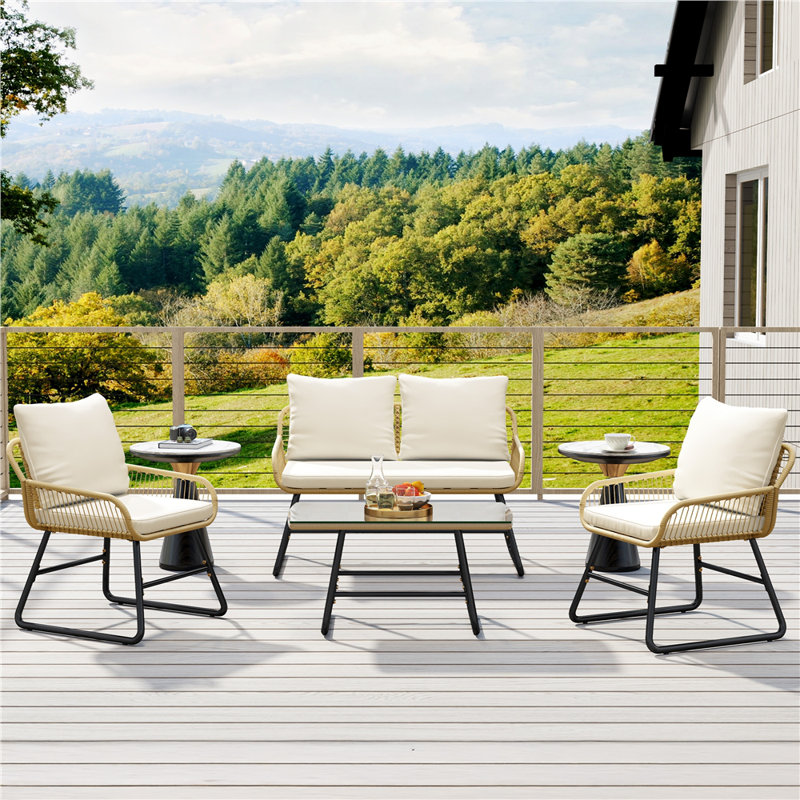 Patio Conversation Set with Cushions and Pillows, Tan/Cream