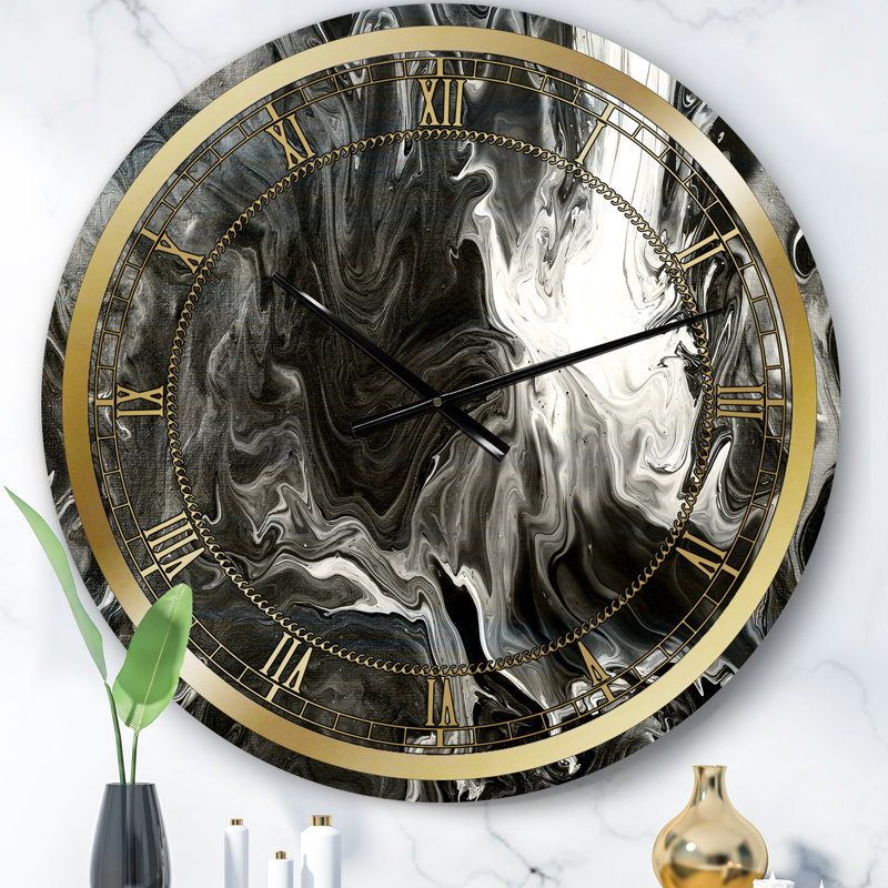 Horloge murale moderne blanche, grise et blanche peinte à la main en marbre I, Moyen, Noir