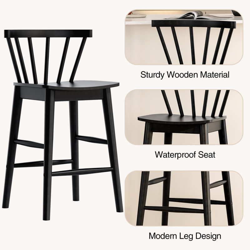 Tabouret de comptoir moderne en bois massif de 24 po, tabourets pour îlot de cuisine avec dossier, 6, Noir