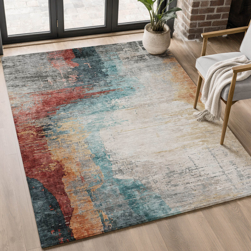Premium Machine Washable Mayfield Abstract Rug, Teal, 2'6" x 3'10"