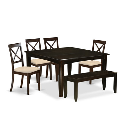 6 Piece Kitchen Table Set Contains a Square Dining Table with Butterfly Leaf and 4 Linen Fabric Dining Chairs with a Bench, Cappuccino