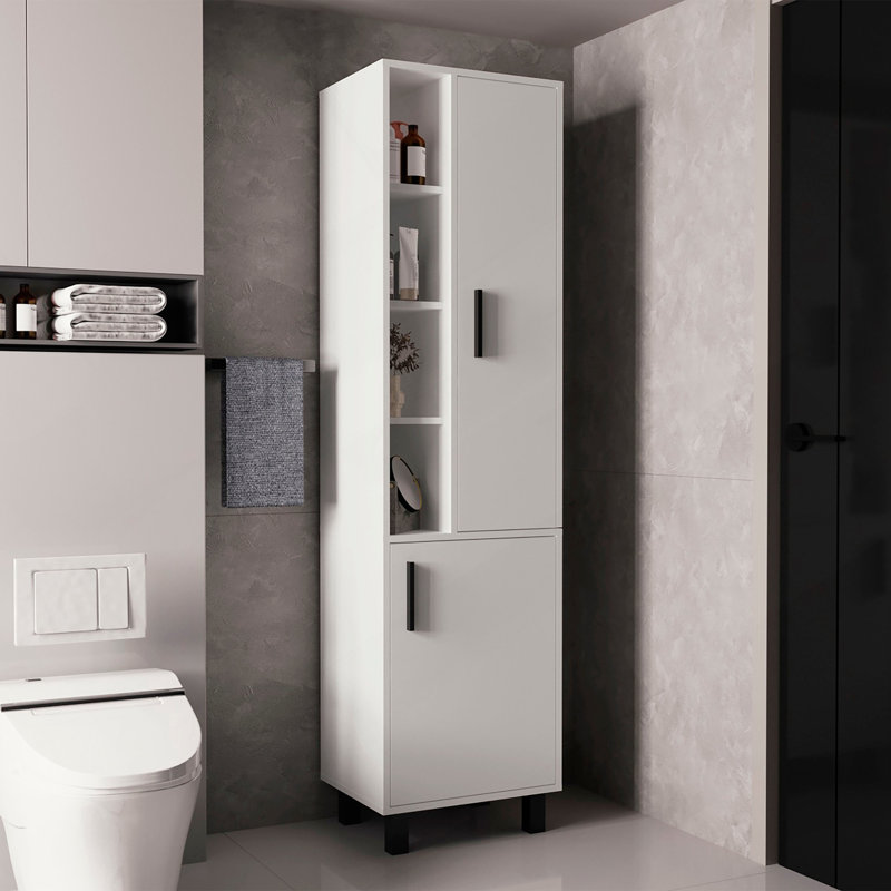 Armoire de rangement haute Stanton avec deux portes et trois tablettes ouvertes, blanc