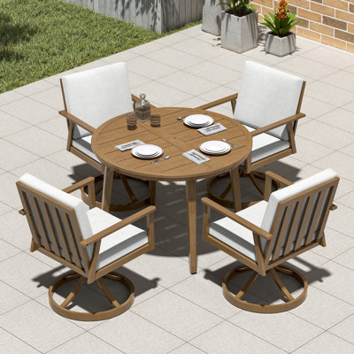 Ensemble de salle à manger d'extérieur 5 pièces avec table ronde en aluminium de 104 cm et 4 chaises pivotantes, ensemble table et chaises de patio avec assises rembourrées pivotantes à 360° et finition grain de bois pour cour arrière, terrasse, jardin, brun