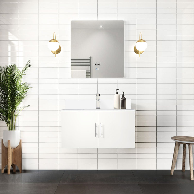 Meuble-lavabo blanc lustré 36 po x 22 po avec comptoir en marbre, robinet et miroir à DEL 36 po L 22 po en blanc avec couvercle et robinet pour une longue durée de vie