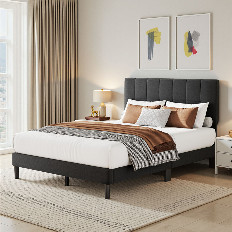 Structure de grand lit avec tête de lit ajustable, structure de lit plateforme tapissier de grande taille sans sommier, sans bruit, robuste, gris foncé