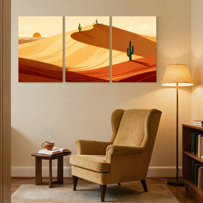 «Landscape & Nature Desert Dunes Sunset Cactus Landscape», ensemble de 3 reproductions d'art sur toile