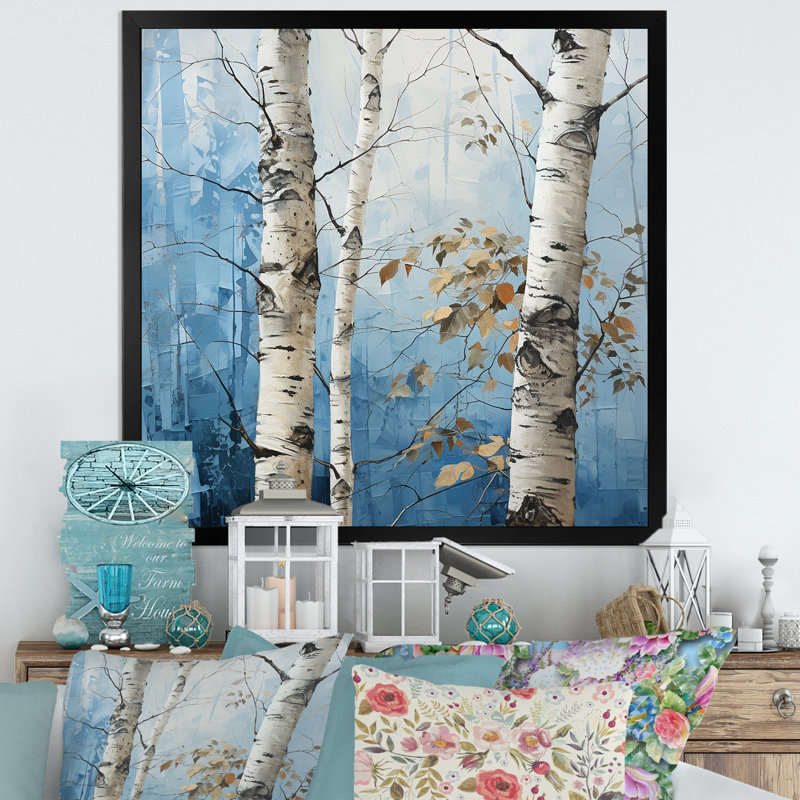 «White and Blue Birch Wood In Winter II», reproduction d'art sur toile, Cadre simple noir, H 16 po x l 16 po x P 1 po